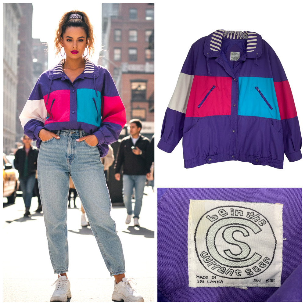 Vintage 1990s Be In The Current Seen Colorblock Windbreaker Jacket Women's Sz XL